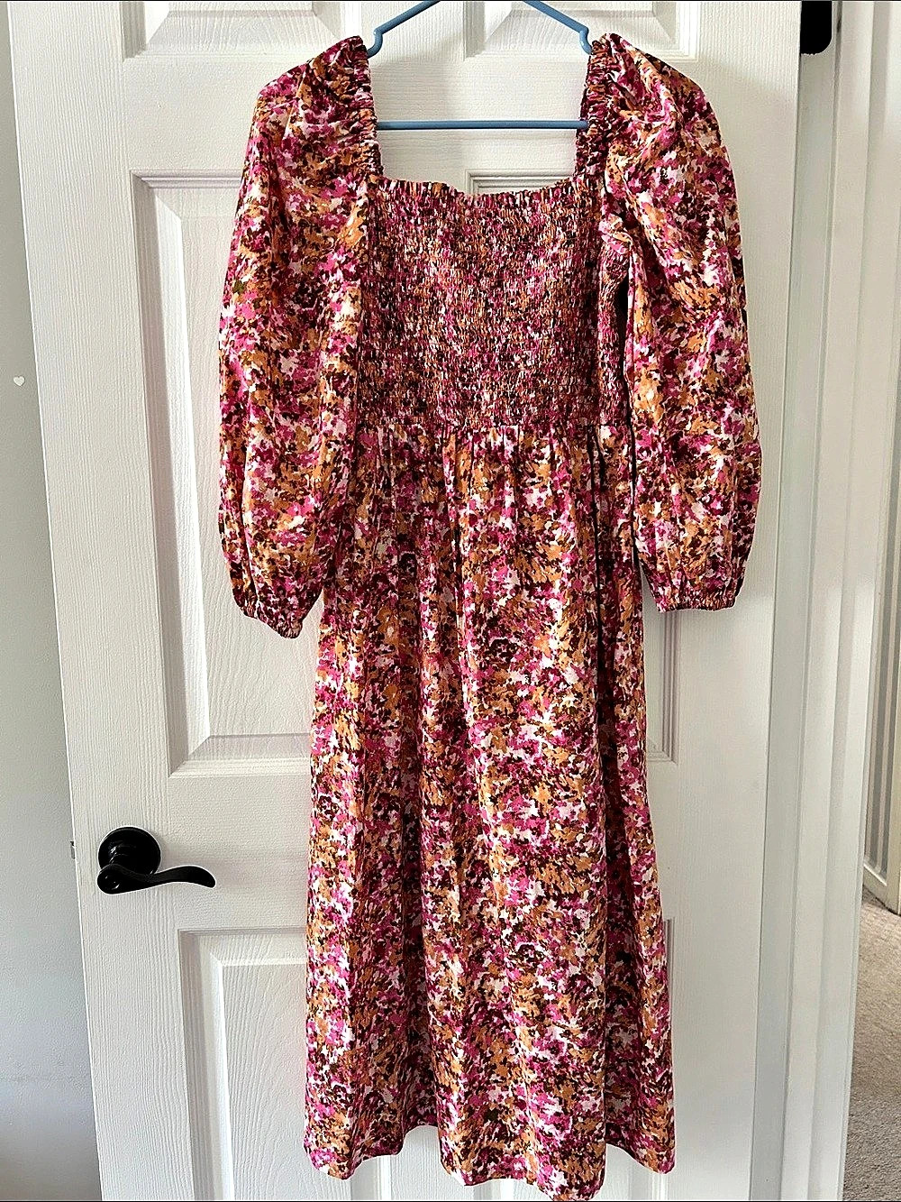 J.Crew Smocked Puff-Sleeve Pink Orange Brown Floral Maxi Dress, Small